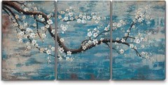 Hand-Painted Plum Blossom Tree Teal Blue Wall Art 48″x24″