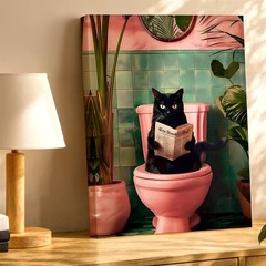 Wall Art Black Cat on Pink Toilet Reading Newspaper Tropical Bathroom Print