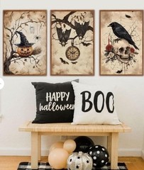 Halloween Spooky Gothic Framed Prints 16×24 3pc Bats Pumpkin Raven Skull