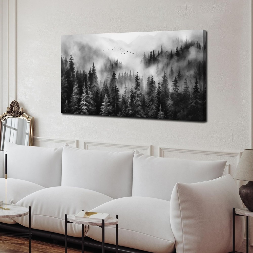 Foggy Forest Wall Art for Living Room,Black and White Pictures for Wall,Tree Wal