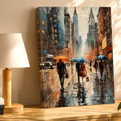 Wall Art Rainy City Street Painting Umbrella Figures Urban Skyline Canvas Poster
