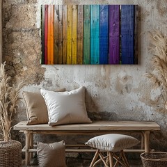 Create A Vibrant Vertical Composition Featuring An Array Of Wooden Wall Art