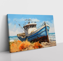 Old Fishing Boat Coastal Painting Print on Framed Canvas, Nautical Coastal Decor