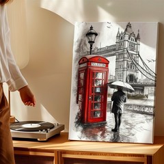 Wall Art London Tower Bridge Red Telephone Booth Rainy Cityscape Print Decor