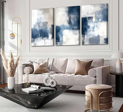 3 Pcs Navy Blue Abstract Canvas Wall Art Modern Minimalist Neutral Blue and Grey