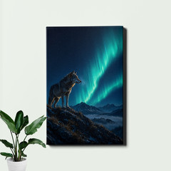Wolf in night mountains under aurora Canvas Art wildlife landscape