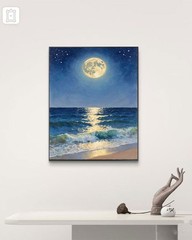 Moonlight Ocean Canvas Wall Art Night Sea Waves Painting Coastal Decor