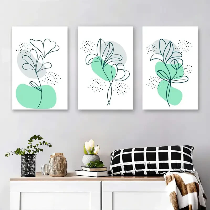 3pcs Minimalist Floral Line Green & Mint Nature Metal Print Ready to Hang Art