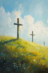 Christian Three Cross Hilltop Meadow 4×6 Photo Print Religious Wall Art Decor