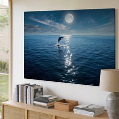 Wall Art Serene Night Scene Featuring A Dolphin Gracefully Leaping Out Of Calm