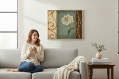 Teal Blue Tan Decorated Picture Of Flower Framed Artwork – Wall 13x13x2