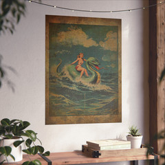 LOCH NESS MONSTER Art, Vintage Girl Riding Nessie Poster, Retro Cryptid Ocean