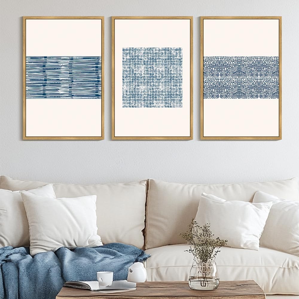 Blue Abstract Framed Wall Art Large 24x36in Modern Boho Neutral Line Wall Dec…