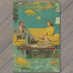 Art Print Underwater Living Room Retro Couple Sofa Fish Surreal Lounge