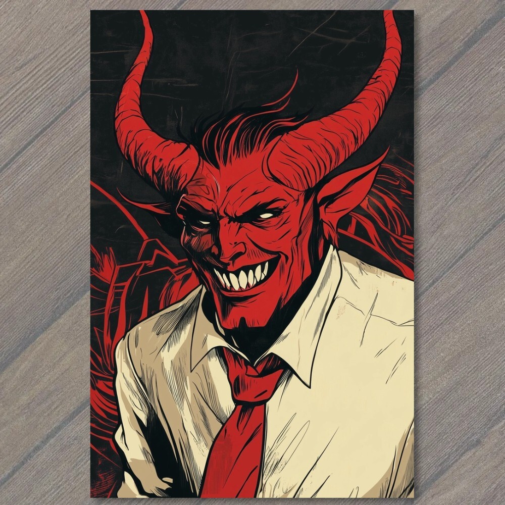 Art Print Red Tie Devil in Suit Smiling Cartoon Style Dark Background Satan