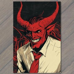 Art Print Red Tie Devil in Suit Smiling Cartoon Style Dark Background Satan