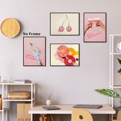 Trendy Retro Pink Bar Wall Art Prints Set of 4, Preppy Vintage Vinyl Record L…