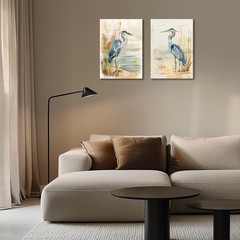 Set of 2 Blue Heron Abstract Canvas Wall Art for Rustic Home Decor