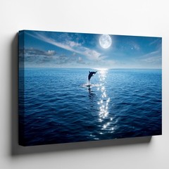 Wall Art Serene Night Scene Featuring A Dolphin Gracefully Leaping Out Of Calm