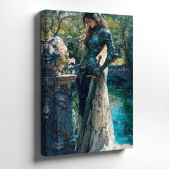 Wall Art Fantasy Warrior Princess in Armor by Garden Lake Floral Painting Print