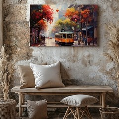 Autumn Tram Street Canvas Vibrant Fall Cityscape With Lanterns Art Wall Art