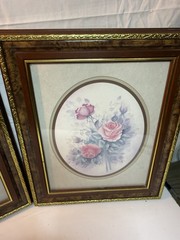 Vintage Pair Pink Rose Floral Prints Faux Burlwood Gold Tone Frames 17×14