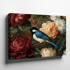 Blue and White Bird Perched on Branch with Red and White Flowers Canvas Wall Art