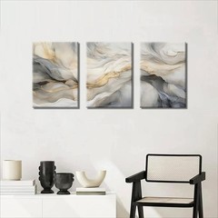 White and Grey Canvas Wall Art Set of 3 Abstract Beige Gold Marble Fluid Wall…