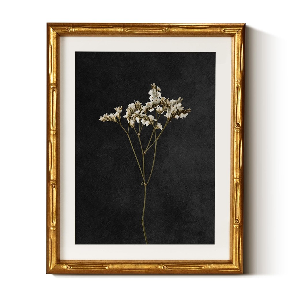 Gold Bamboo Framed Canvas Wall Art, Retro Dark Dried Wildflower Botanical Pai…