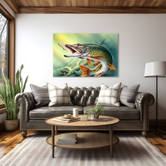Northern Pike Fishing Painting Print on Framed Canvas Wall Art Fisherman Gift