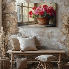 Red and Pink Geraniums in Pot by Window Canvas Wall Art Decor Print Canvas Print