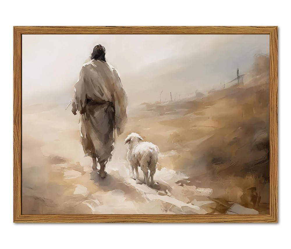 Framed Jesus Leaves the 99 Sheep Wall Art, Christian Wall Decor Paintings, Je…