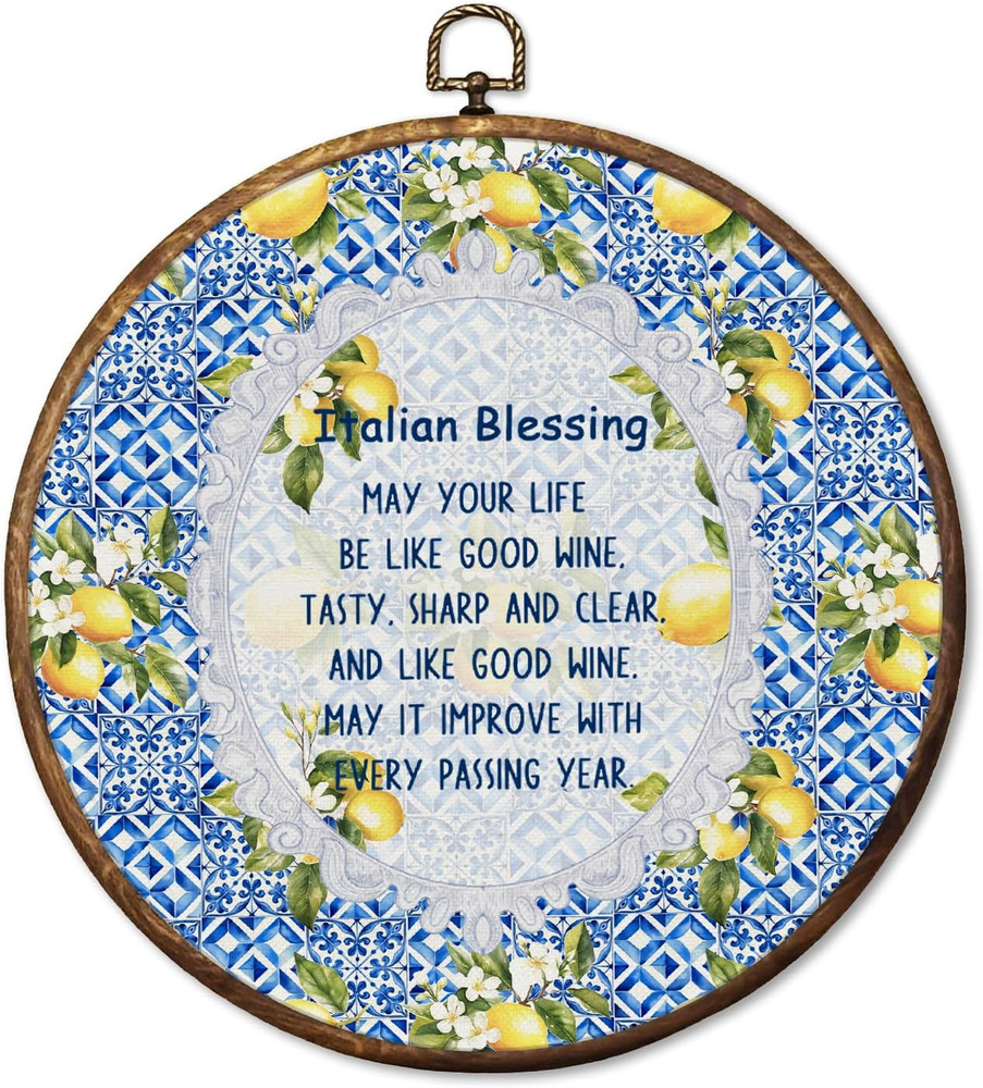Italian Blessing Lemon Round Wall Art Decor, Rustic Mediterranean Lemon Hangi…
