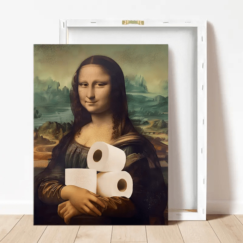 Funny Mona Lisa Toilet Paper Meme Canvas Wall Art, Humorous Bathroom Wall Decor
