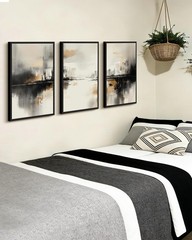 Black Gray Abstract Landscape Framed Wall Art Brown Tan Neutral Wall Decor Mi…