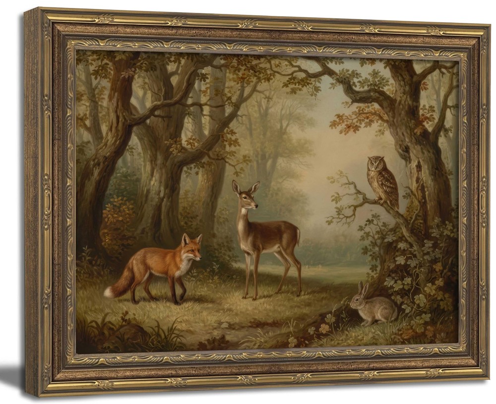 Vintage Gold Framed Wall Art Moody Woodland Animals Wall Art Whimsical Forest…