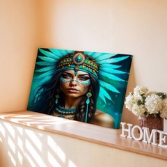 Native American Woman with Turquoise Feather Headdress Canvas Wall Art Print