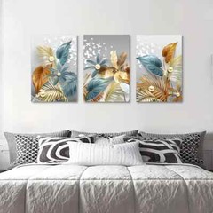 3pcs Golden Butterfly Leaf Floral Design Metal Print Ready to Hang Art