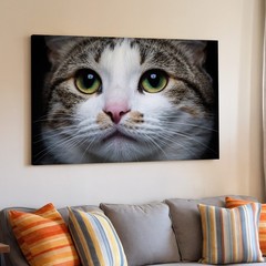 Create An Image Of A Playful Cat’s Close-up Face, Emphasizing Its Large Wall Art