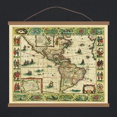 Ancient Antique Old 1625 Map: America, 100% Cotton Canvas Magnetic Wooden Hanger