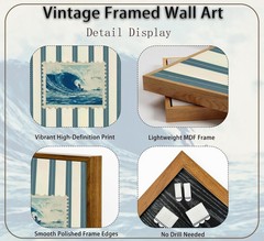 Framed Vintage Surf Wave Wall Art,Trendy Coastal Wall Decor,Blue and White St…