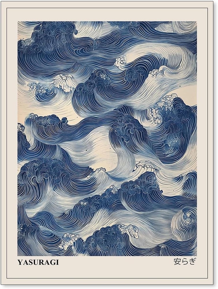 Blue Waves Wall Art Vintage Oriental Japandi Wabi Sabi Poster12X16 inch Unframed