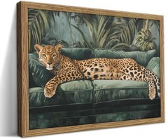 Framed Trendy Cheetah Wall Art Funky Leopard On Emerald Green Sofa Picture Wa…