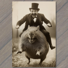 Art Print Capybara Rider Man Top Hat Unique Victorian Animal Humor Funny