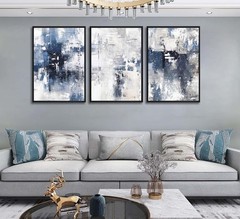 3 Pcs Navy Blue Abstract Canvas Wall Art Modern Minimalist Neutral White Blue…