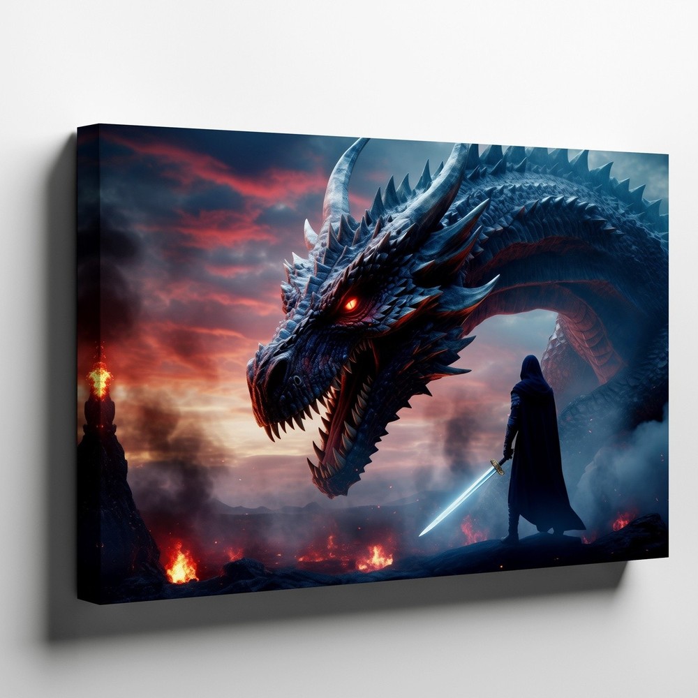 Dramatic Fantasy Scene Featuring A Massive, Intricately Detailed Dragon Wall Art