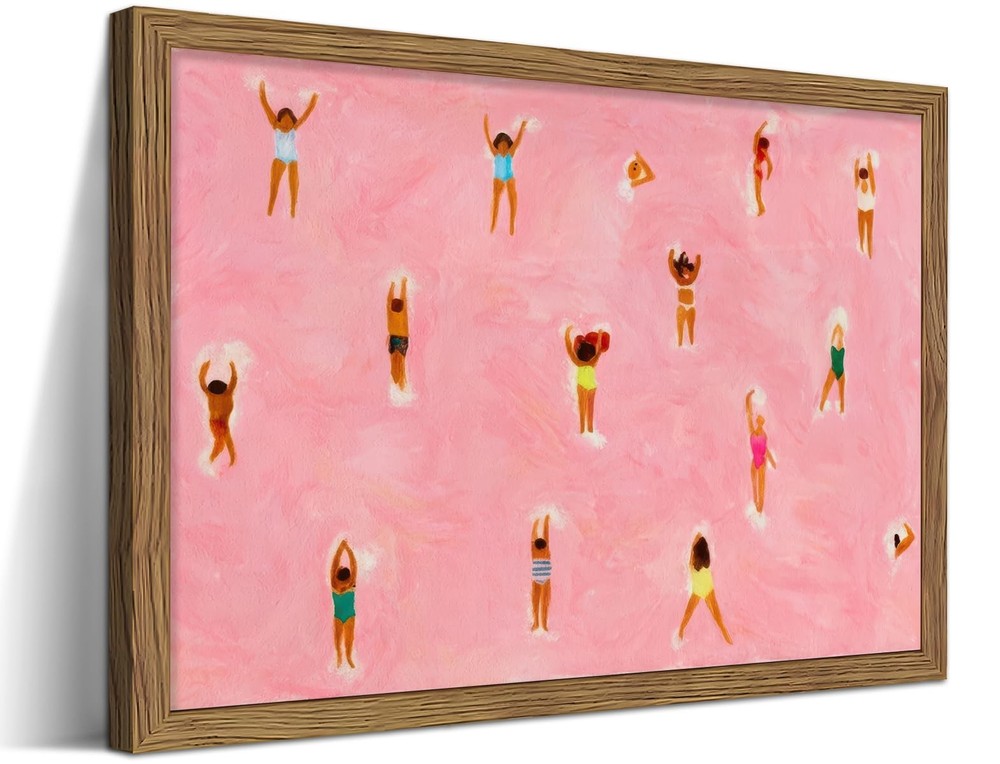 Minimalist Pink Pool Wall Art, Abstract Swimming People Canvas Wall Decor Pai…