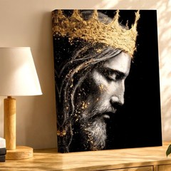 Wall Art Gold Crown King Portrait Canvas Print Black White Religious Home Decor