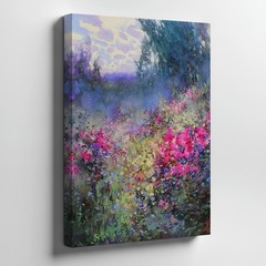 Colorful Floral Garden Canvas Wall Art Abstract Nature Painting Pink Purple Blue