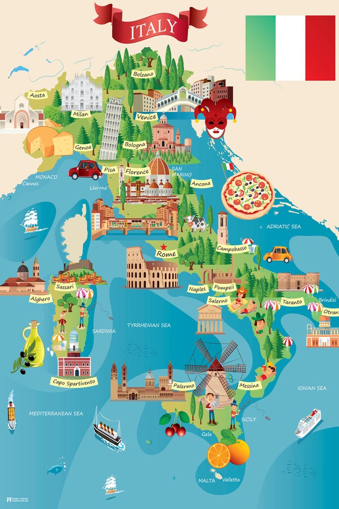 Italian Tourist and Travel Destinations Illustrated Art Print Poster 12×18